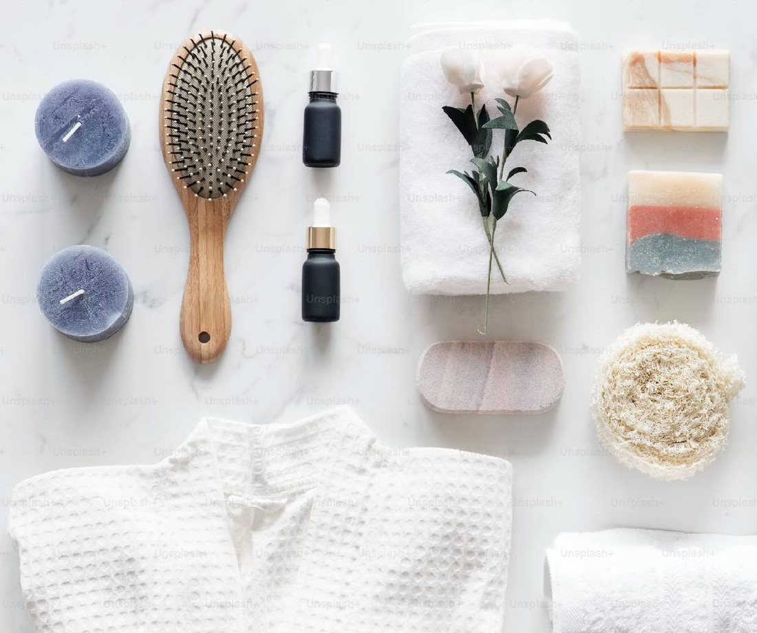 Neatly arranged home and personal care essentials
